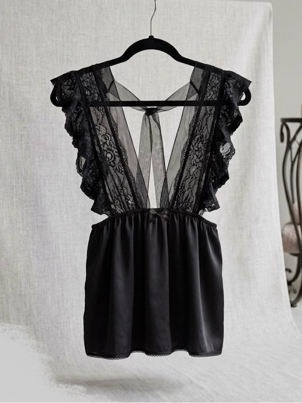 NWOT Black Lace Ruffle Babydoll Top - Sheer V-Neck - Size Small